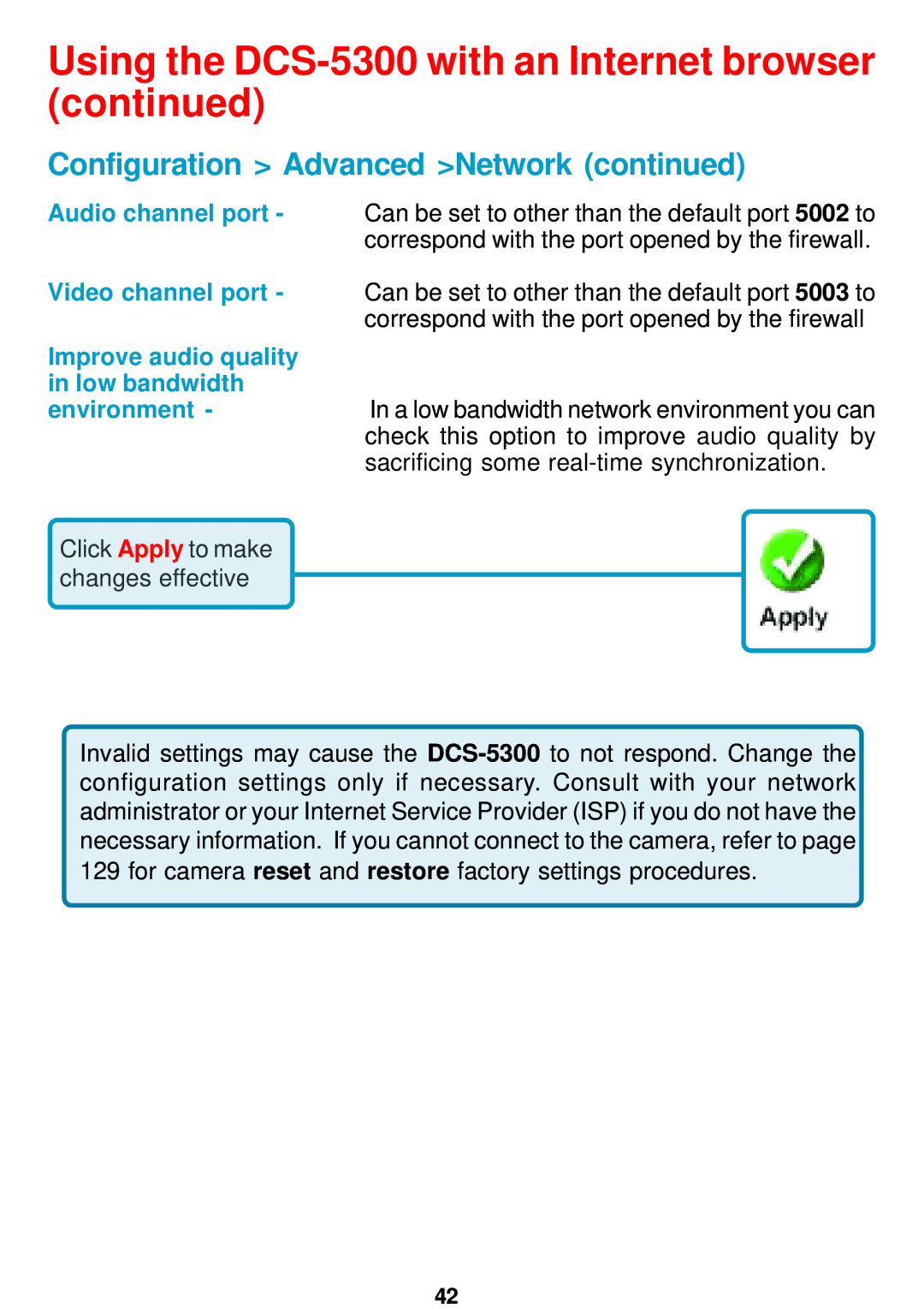D-Link manual Using the DCS-5300 with an Internet browser continued, Configuration Advanced Network continued 