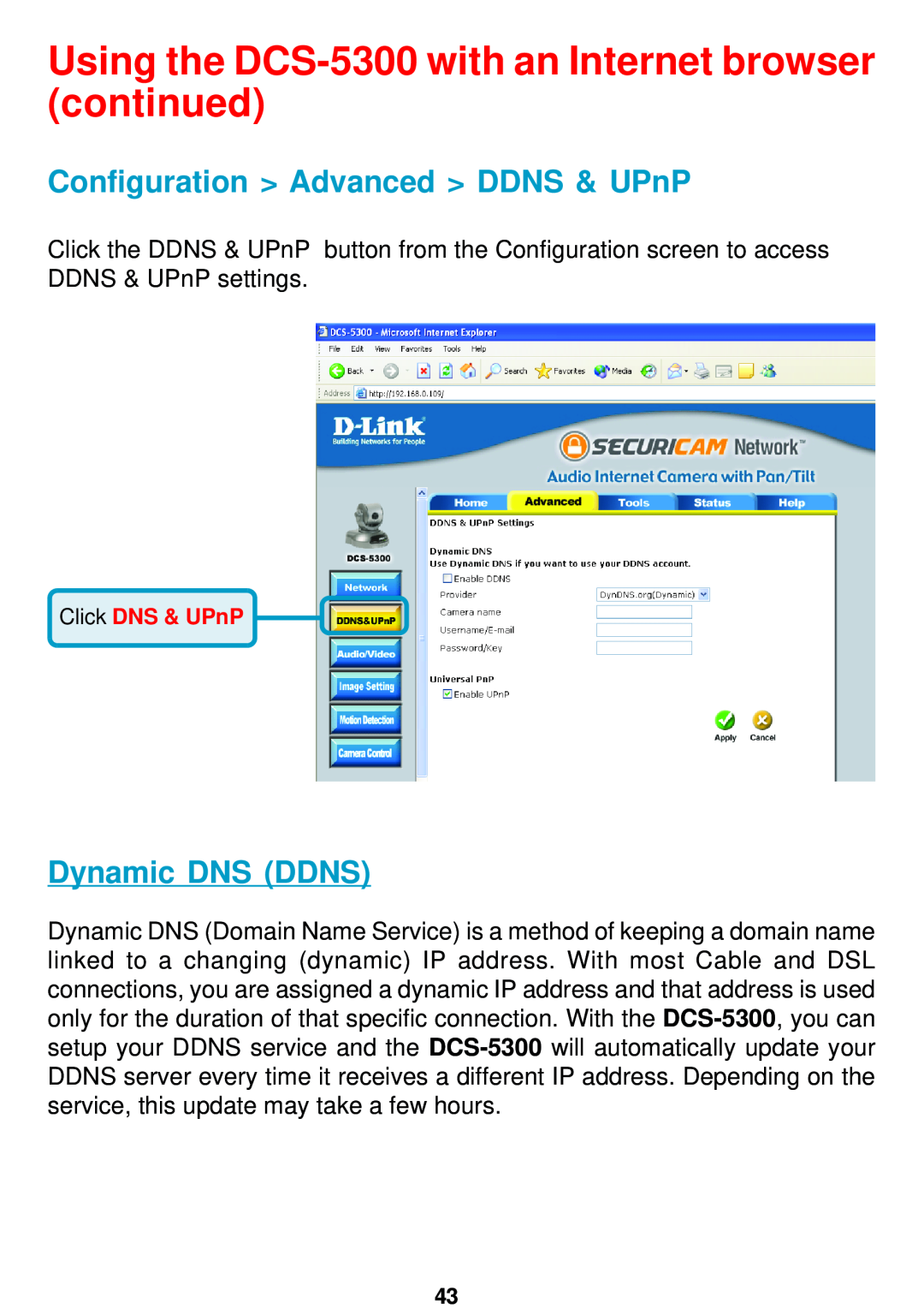 D-Link DCS-5300 manual Configuration Advanced DDNS & UPnP, Dynamic DNS DDNS, Click DNS & UPnP 