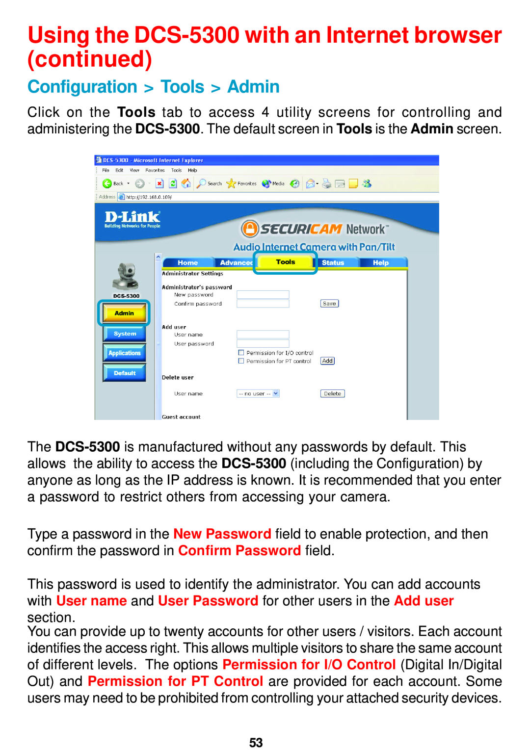 D-Link manual Configuration Tools Admin, Using the DCS-5300 with an Internet browser continued 