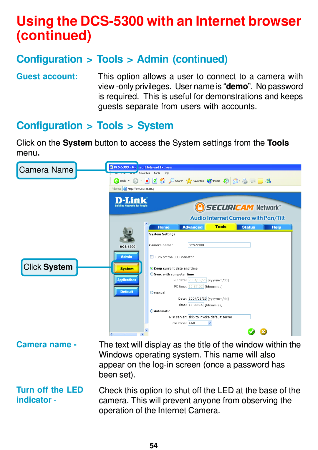 D-Link DCS-5300 manual Configuration Tools Admin continued, Configuration Tools System, Click System 