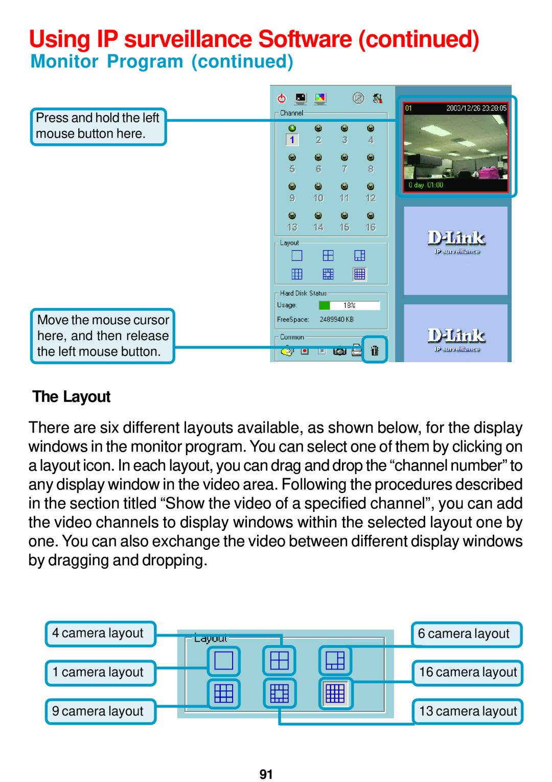 D-Link DCS-5300 manual The Layout, Using IP surveillance Software continued, Monitor Program continued, camera layout 