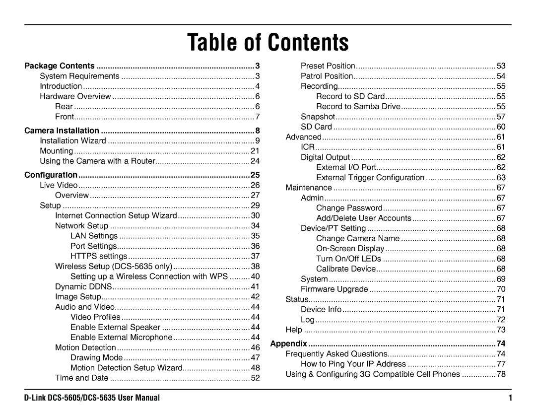 D-Link DCS-5605, DCS-5635 manual Table of Contents 