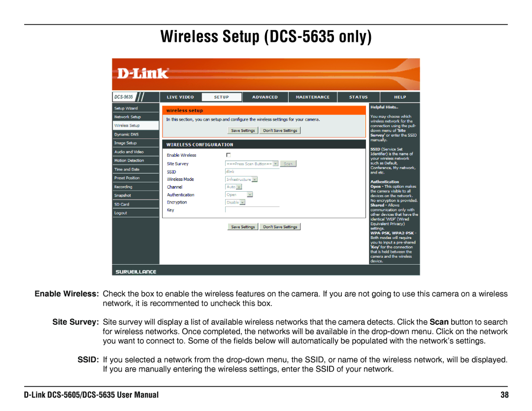 D-Link DCS-5605 manual Wireless Setup DCS-5635 only 