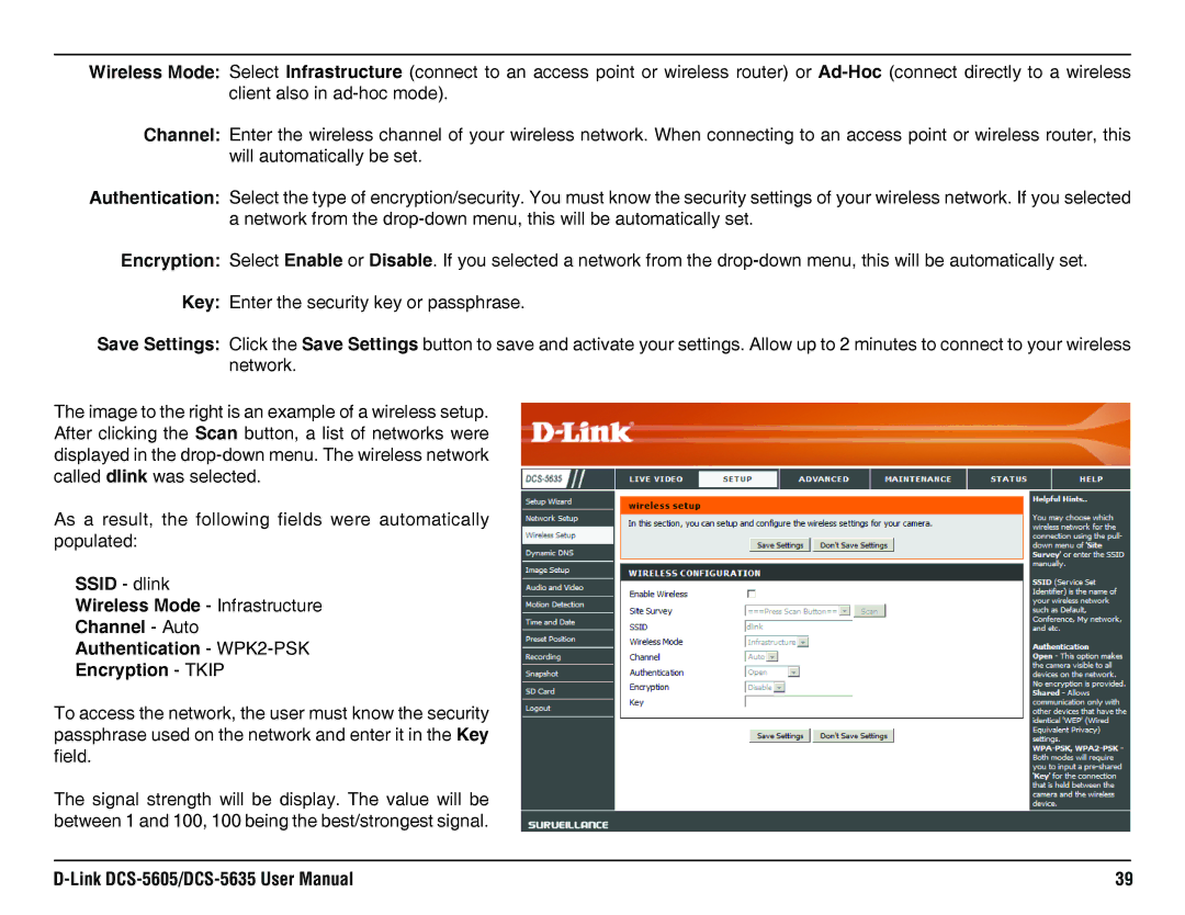 D-Link DCS-5605, DCS-5635 manual Channel Auto Authentication WPK2-PSK Encryption Tkip 