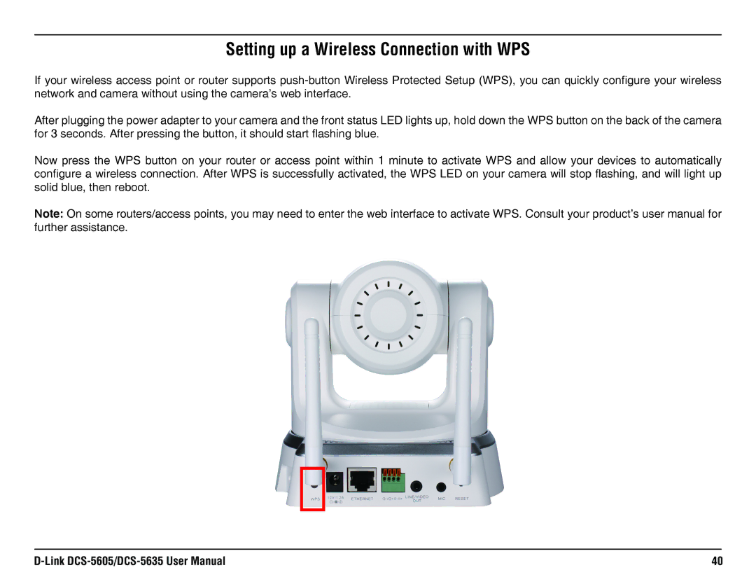 D-Link DCS-5635, DCS-5605 manual Setting up a Wireless Connection with WPS 