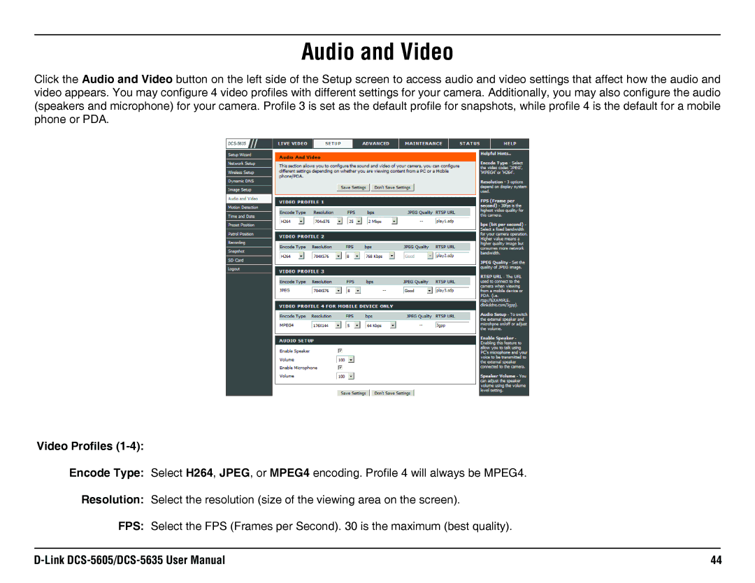 D-Link DCS-5635, DCS-5605 manual Audio and Video, Video Profiles 