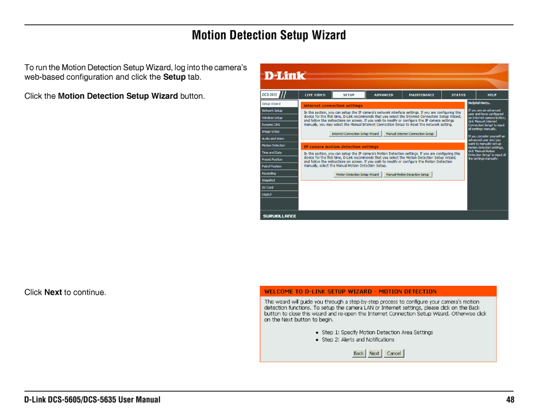 D-Link DCS-5635, DCS-5605 manual Click the Motion Detection Setup Wizard button 