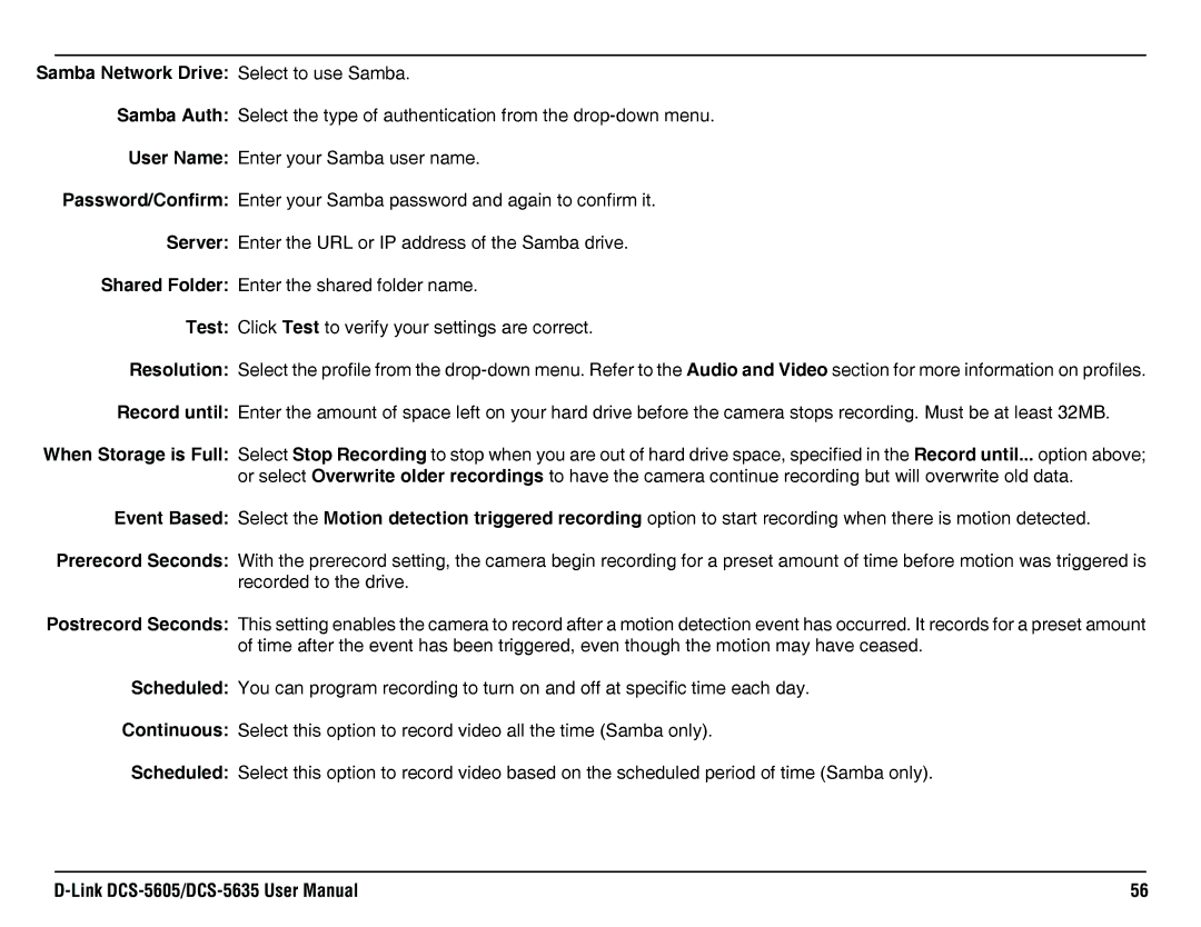 D-Link DCS-5635, DCS-5605 manual Samba Network Drive Select to use Samba 