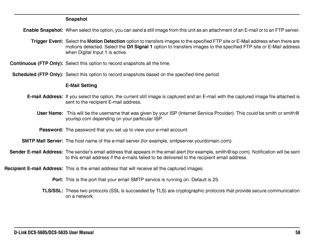 D-Link DCS-5635, DCS-5605 manual Snapshot, Mail Setting 