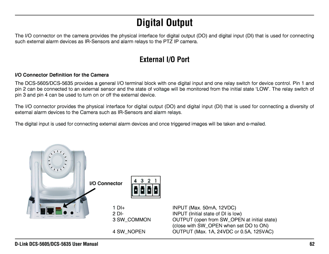 D-Link DCS-5635, DCS-5605 manual Digital Output, External I/O Port, Connector Definition for the Camera 