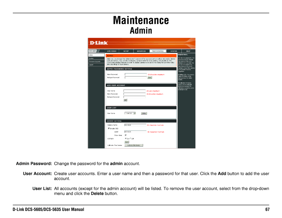 D-Link DCS-5605, DCS-5635 manual Maintenance, Admin 