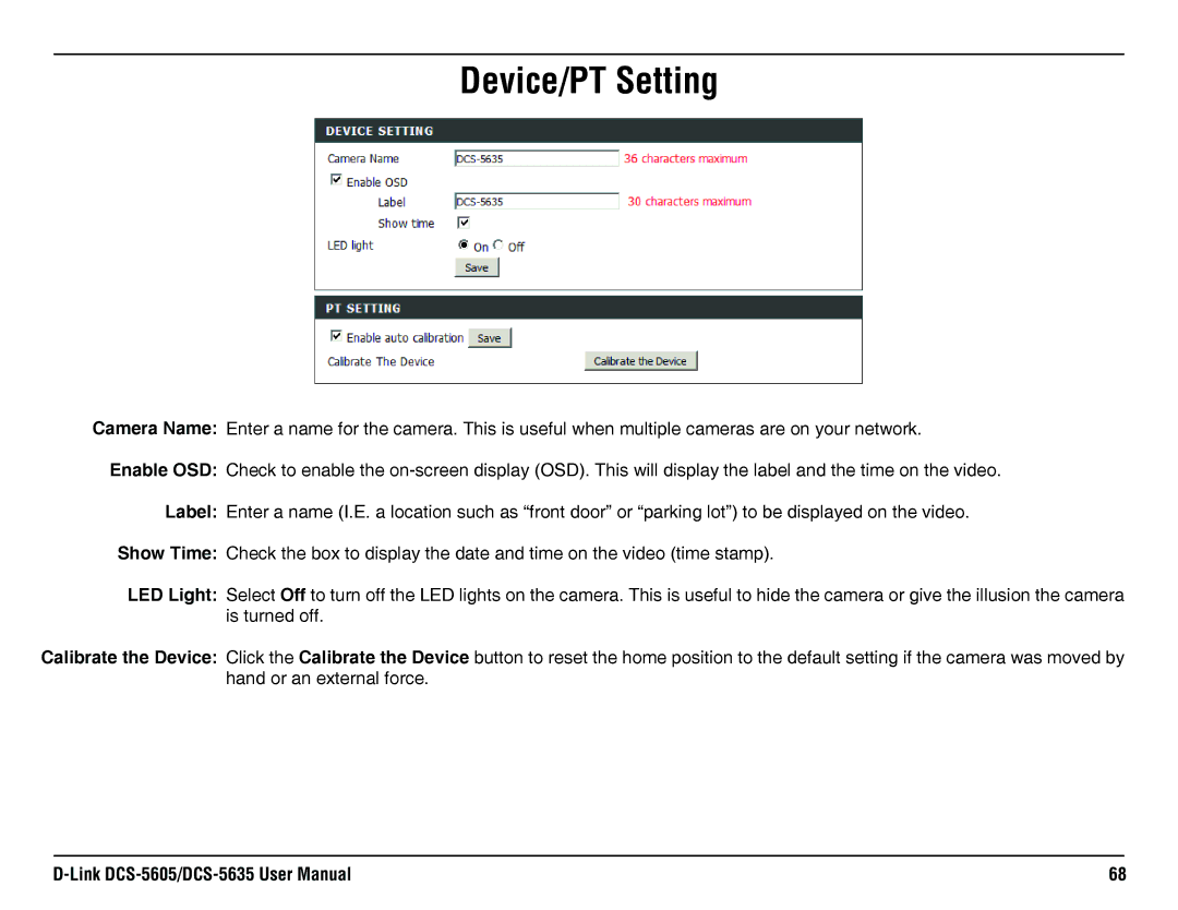 D-Link DCS-5635, DCS-5605 manual Device/PT Setting 