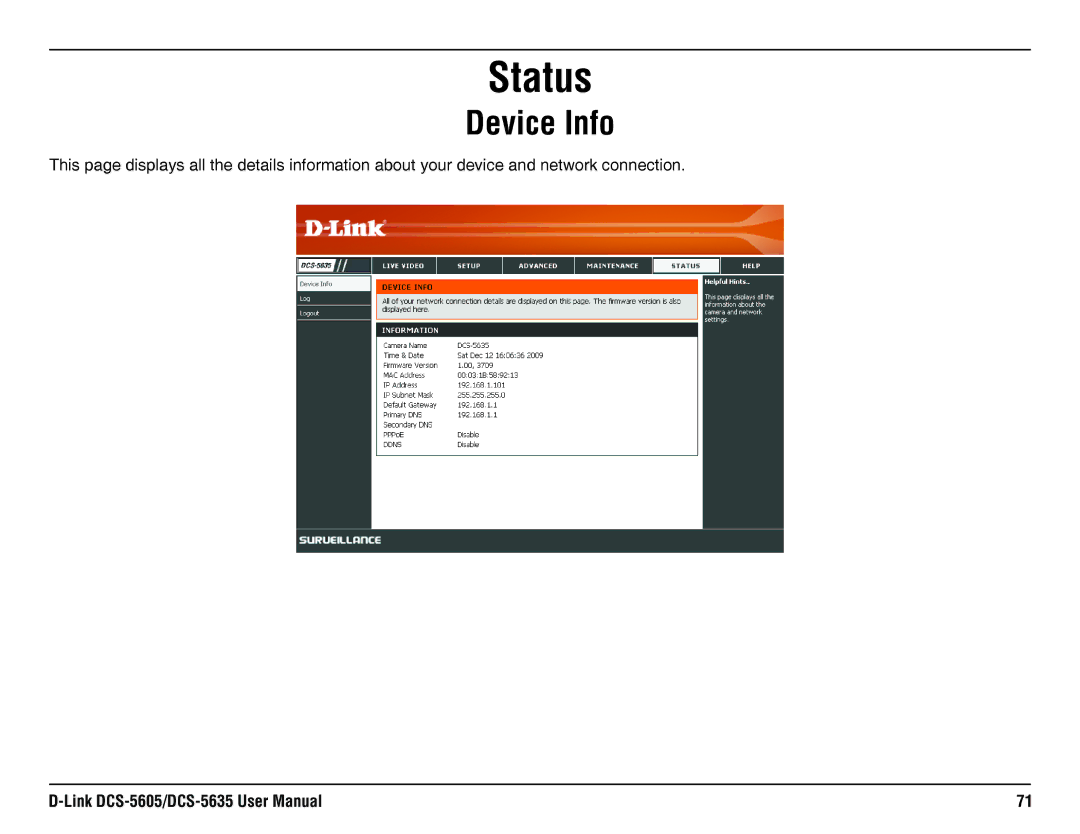 D-Link DCS-5605, DCS-5635 manual Status, Device Info 