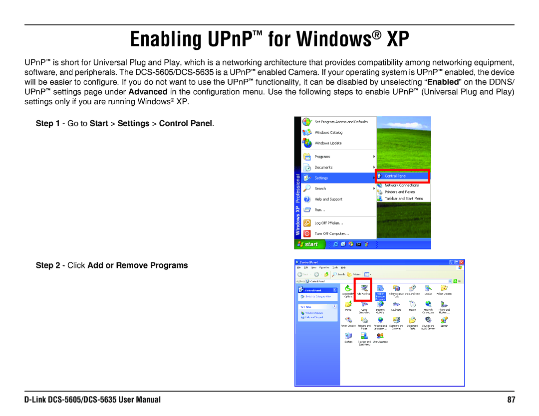 D-Link DCS-5605, DCS-5635 manual Enabling UPnP for Windows XP 