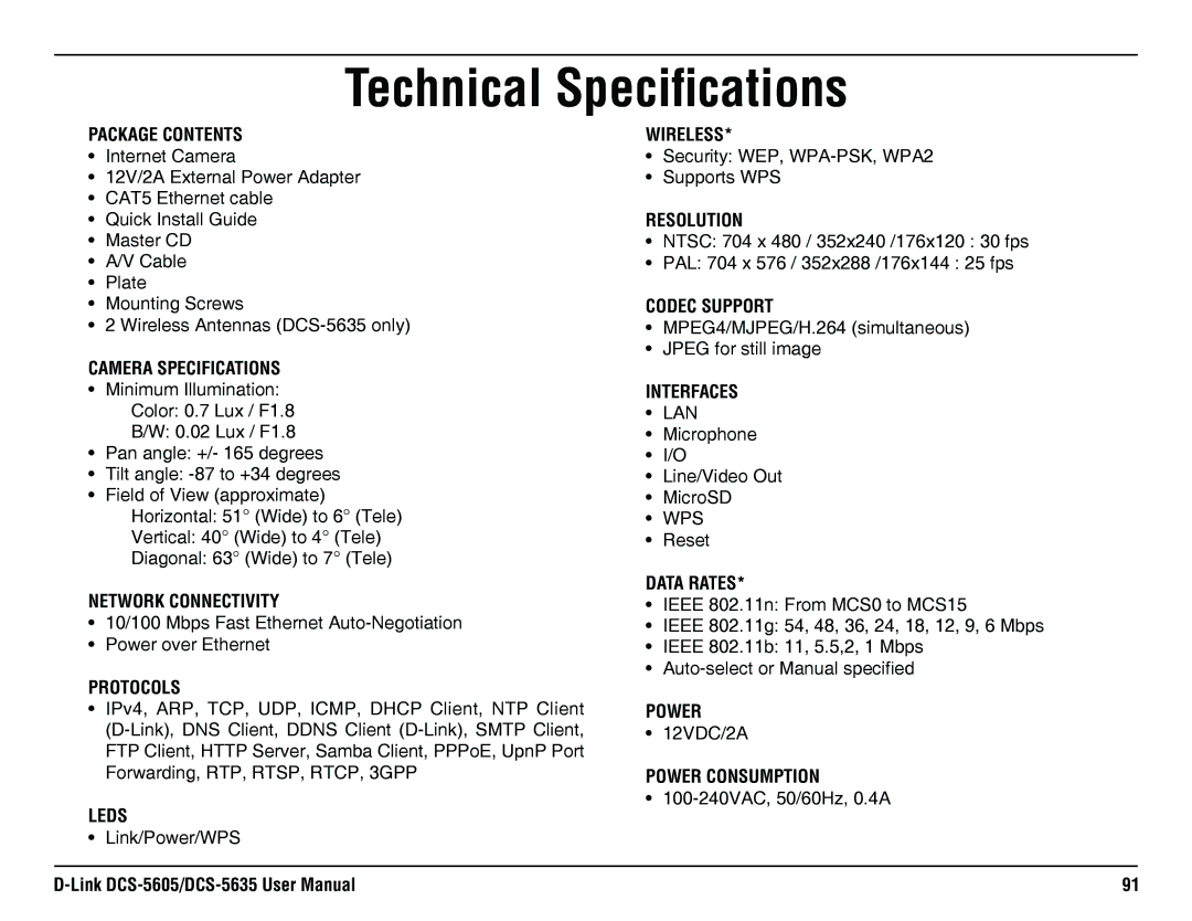 D-Link DCS-5605, DCS-5635 manual Technical Specifications, Package Contents 