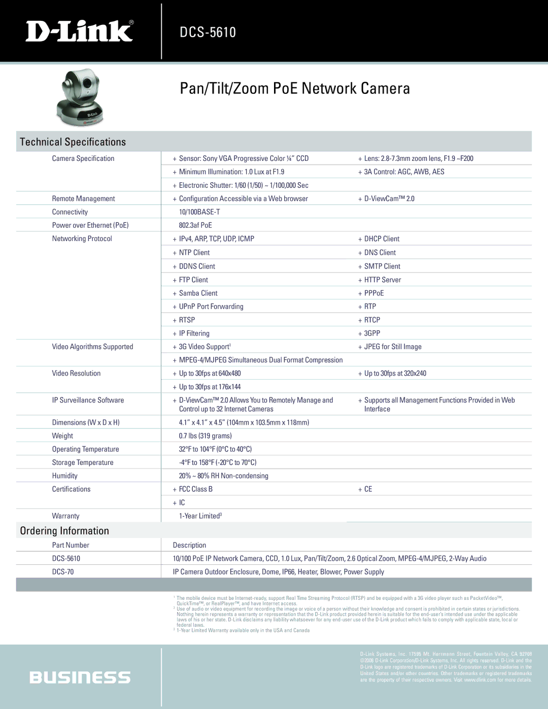 D-Link DCS-5610 manual Technical Specifications, + Rtsp + Rtcp 