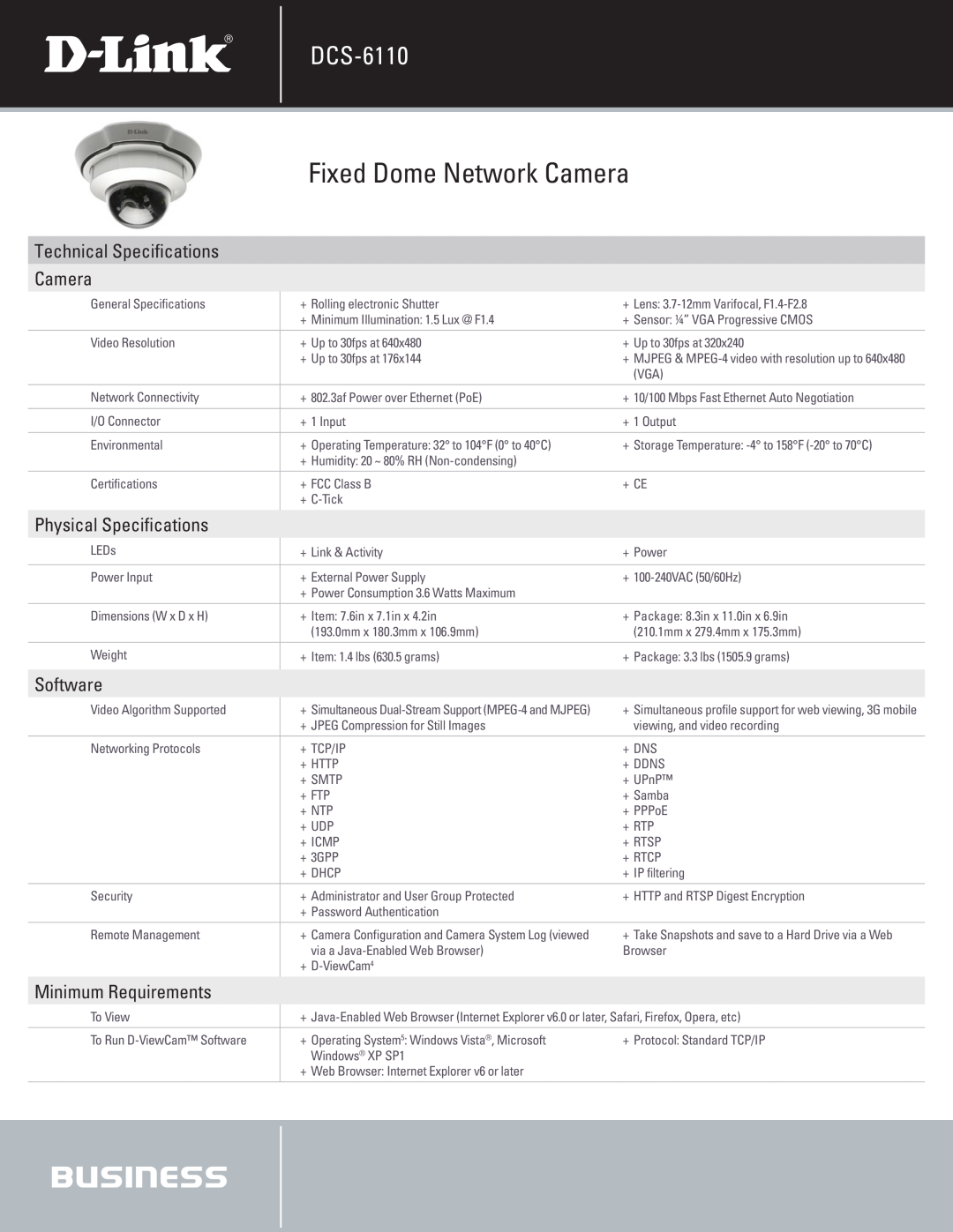 D-Link DCS-6110 manual Technical Specifications Camera, Fixed Dome Network Camera, Physical Specifications, Software 