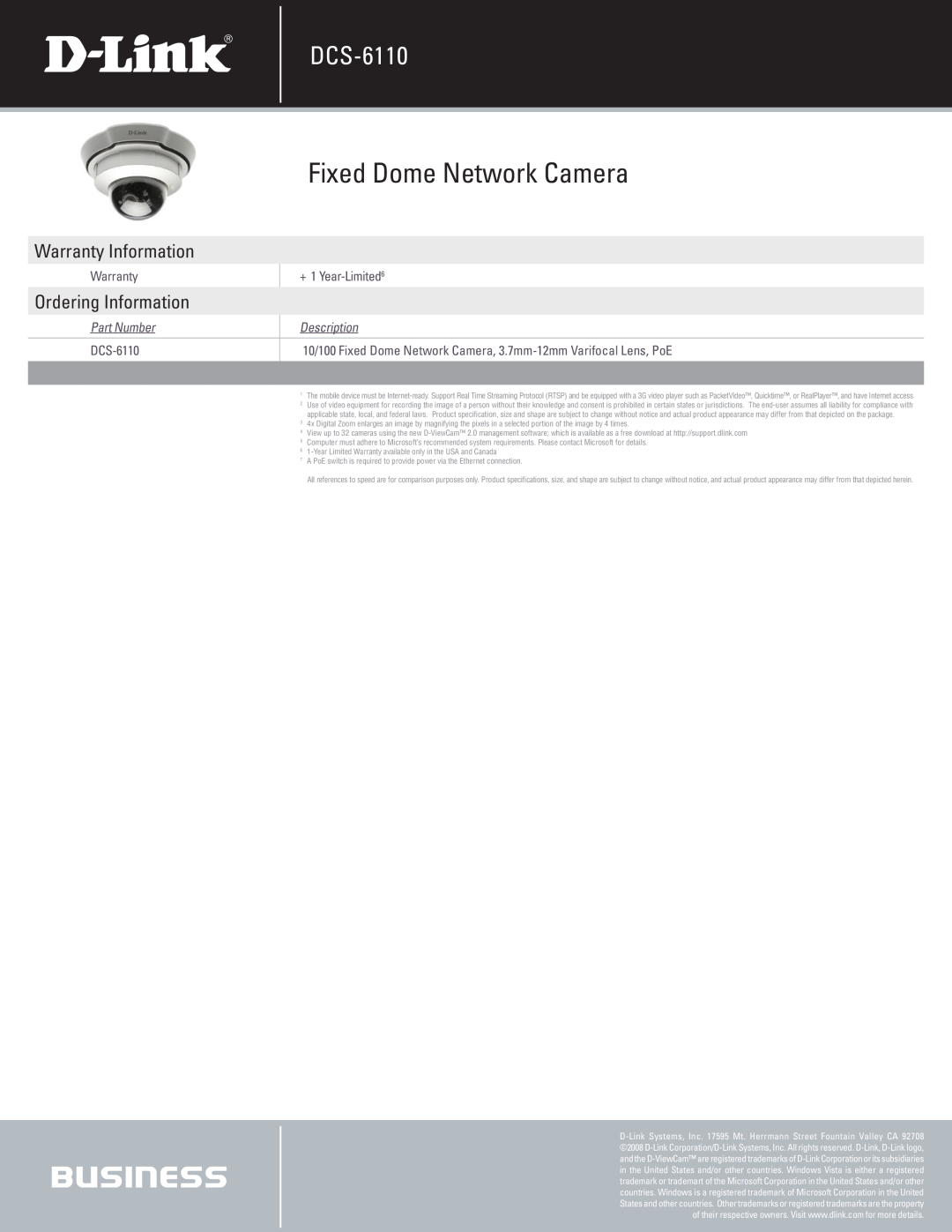 D-Link DCS-6110 manual Warranty Information, Ordering Information, Fixed Dome Network Camera, Part Number, Description 