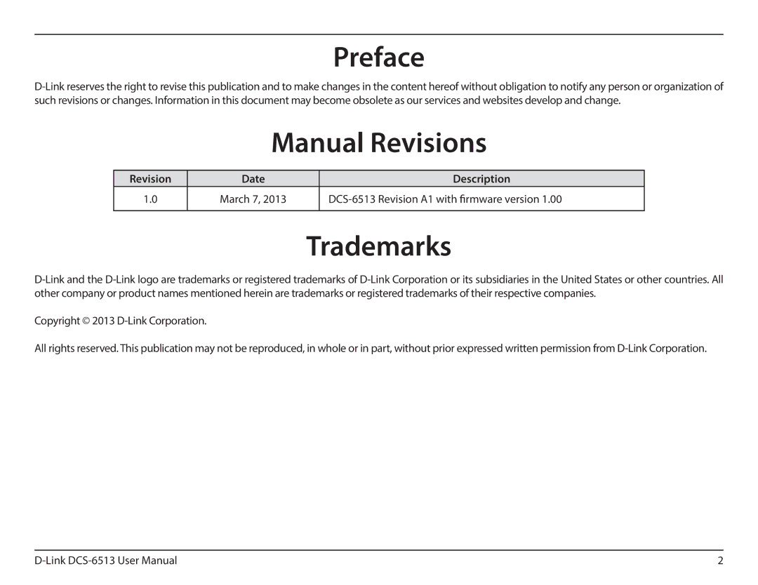 D-Link DCS-6513 user manual Preface, Manual Revisions, Trademarks, Revision Date Description 