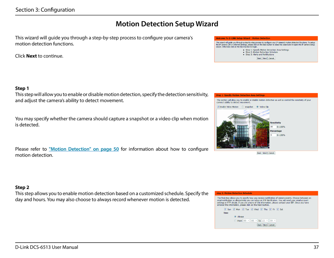 D-Link DCS-6513 user manual Motion Detection Setup Wizard, Step 