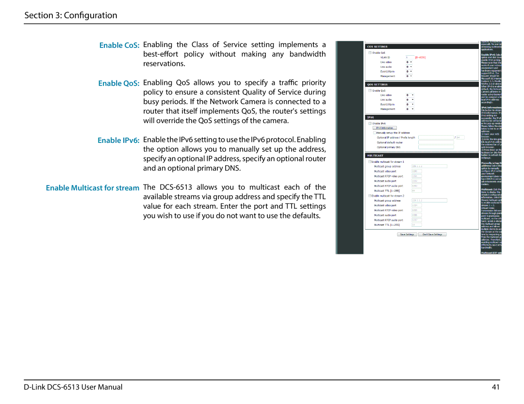 D-Link DCS-6513 user manual Enable CoS Enable QoS Enable IPv6 