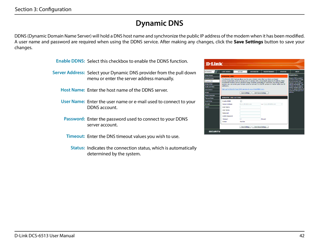 D-Link DCS-6513 user manual Dynamic DNS 