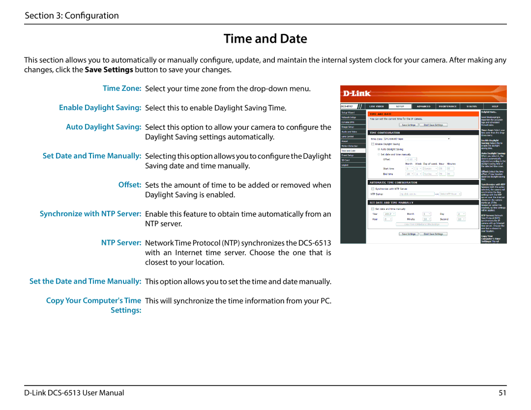 D-Link DCS-6513 user manual Time and Date 