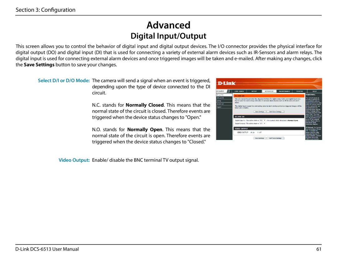 D-Link DCS-6513 user manual Advanced, Digital Input/Output 