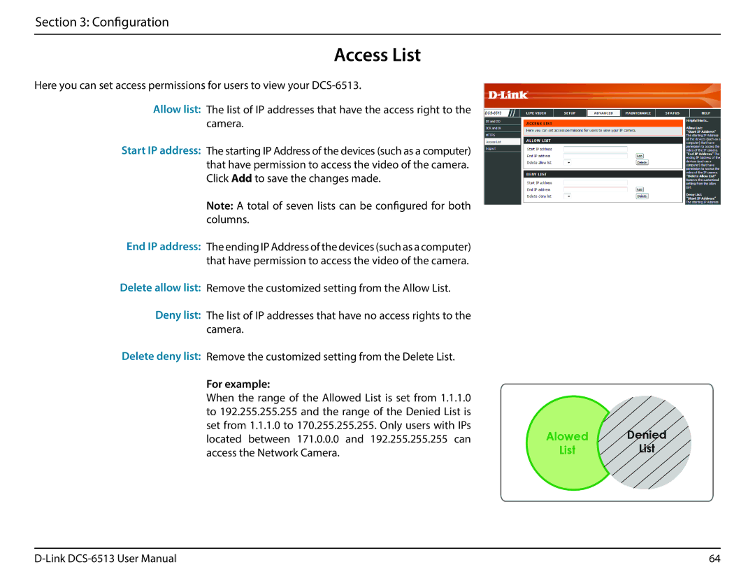 D-Link DCS-6513 user manual Access List, For example 