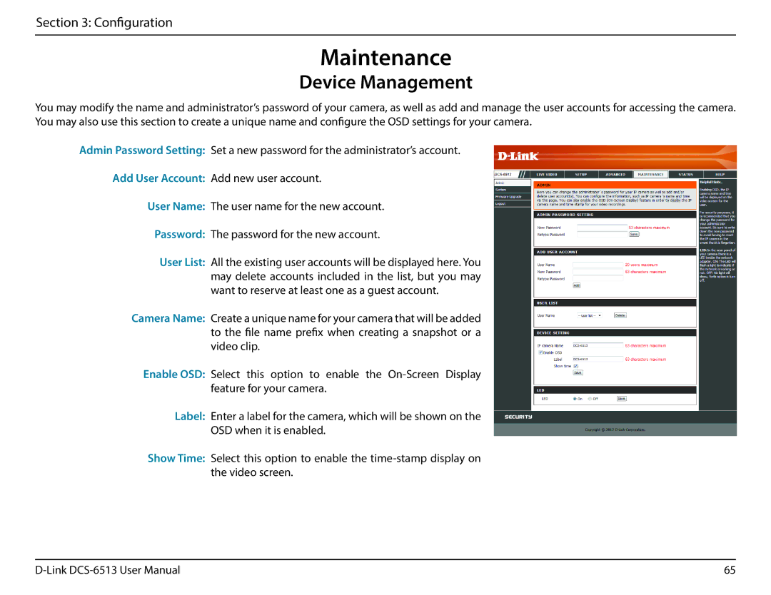 D-Link DCS-6513 user manual Maintenance, Device Management 