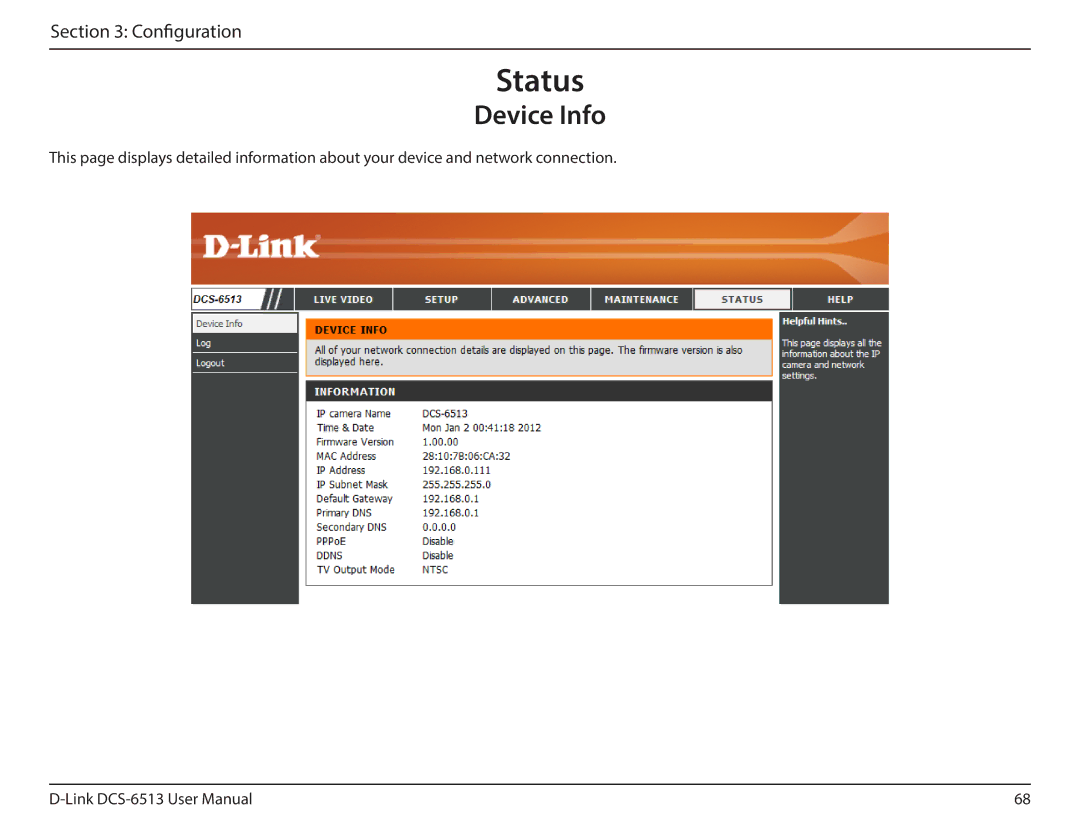 D-Link DCS-6513 user manual Status, Device Info 