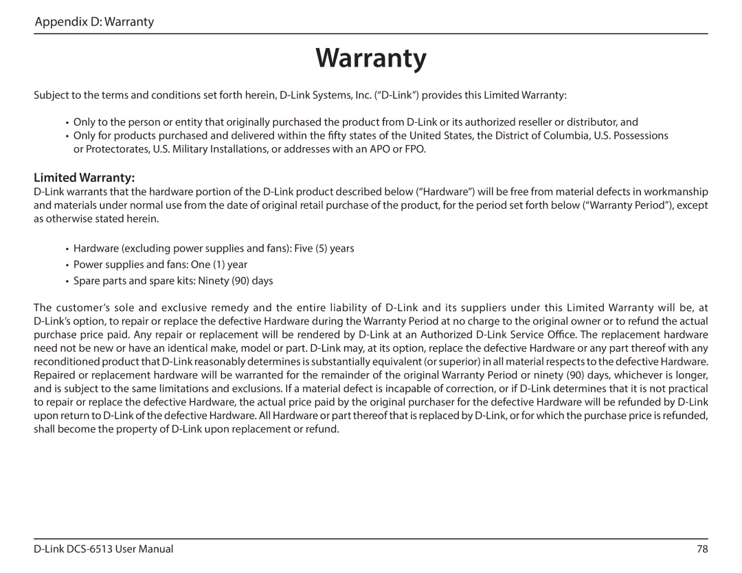 D-Link DCS-6513 user manual Limited Warranty 