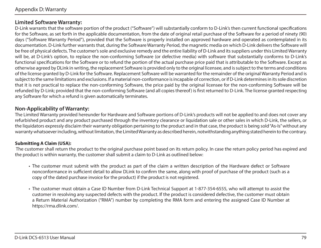 D-Link DCS-6513 user manual Limited Software Warranty, Non-Applicability of Warranty, Submitting a Claim USA 