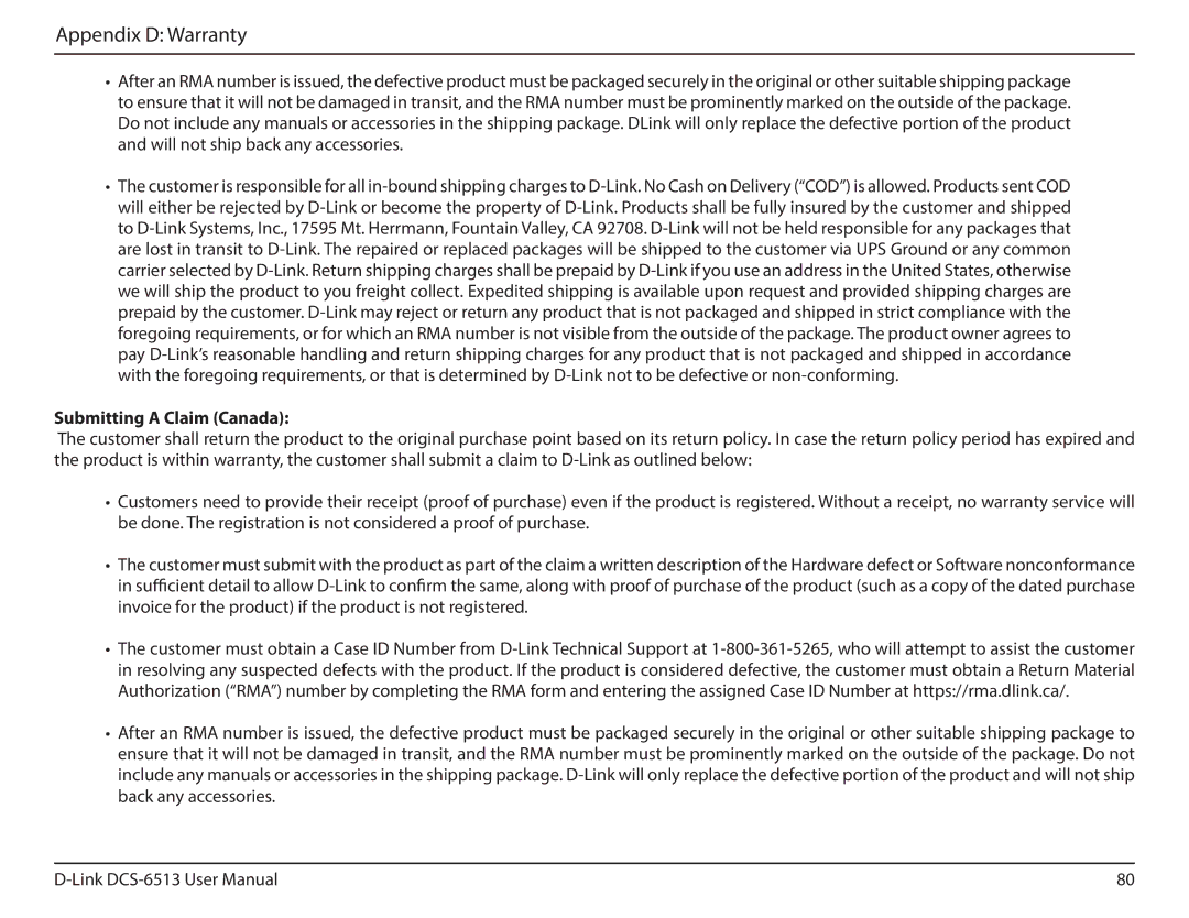 D-Link DCS-6513 user manual Submitting a Claim Canada 