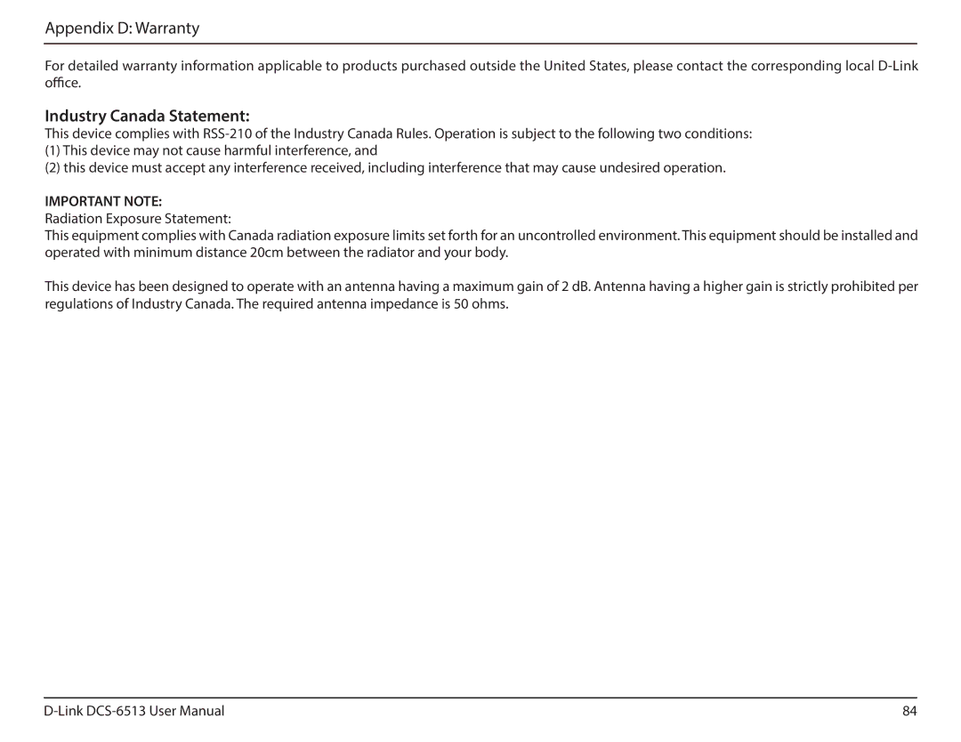 D-Link DCS-6513 user manual Industry Canada Statement 