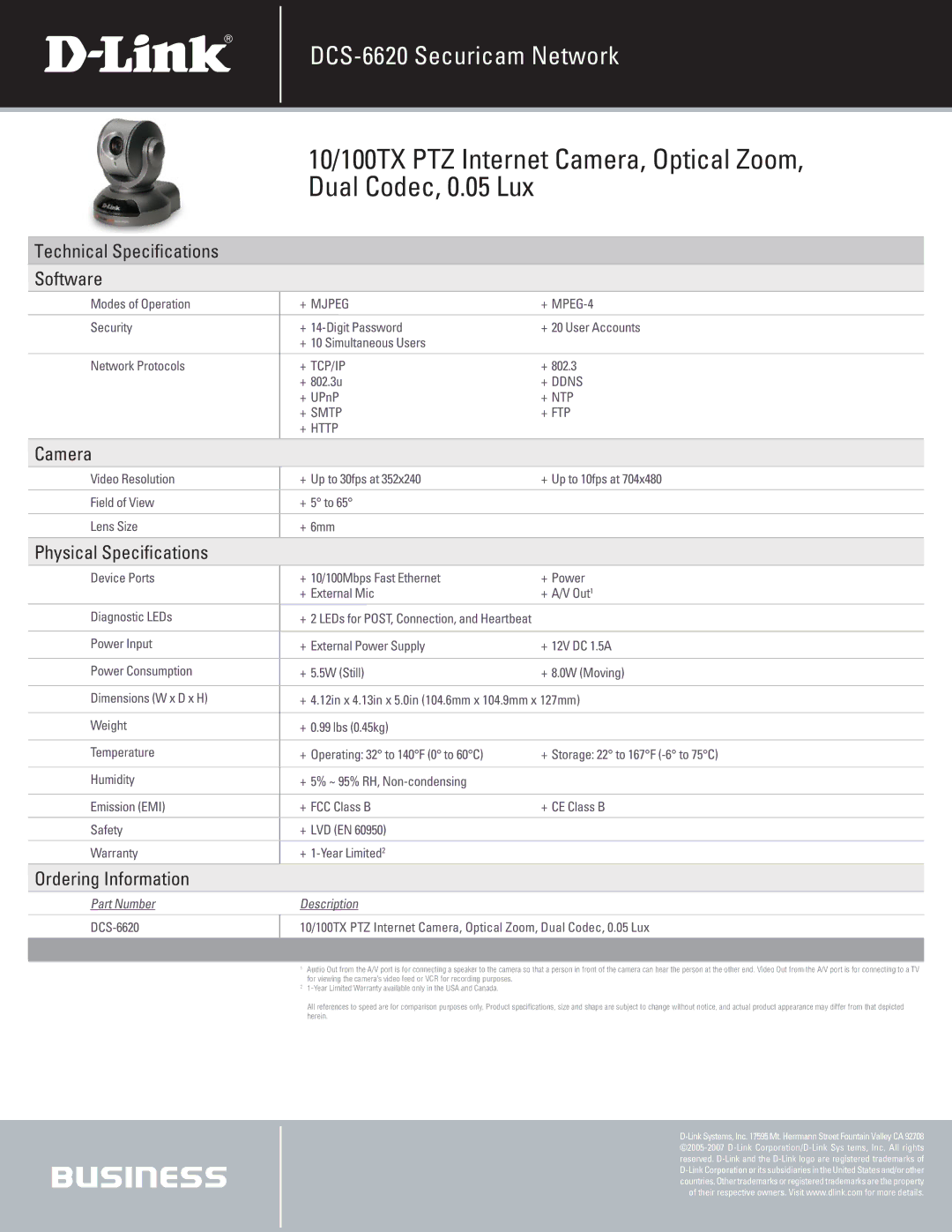 D-Link DCS-6620 manual Technical Specifcations Software, Camera, Physical Specifcations, Ordering Information 