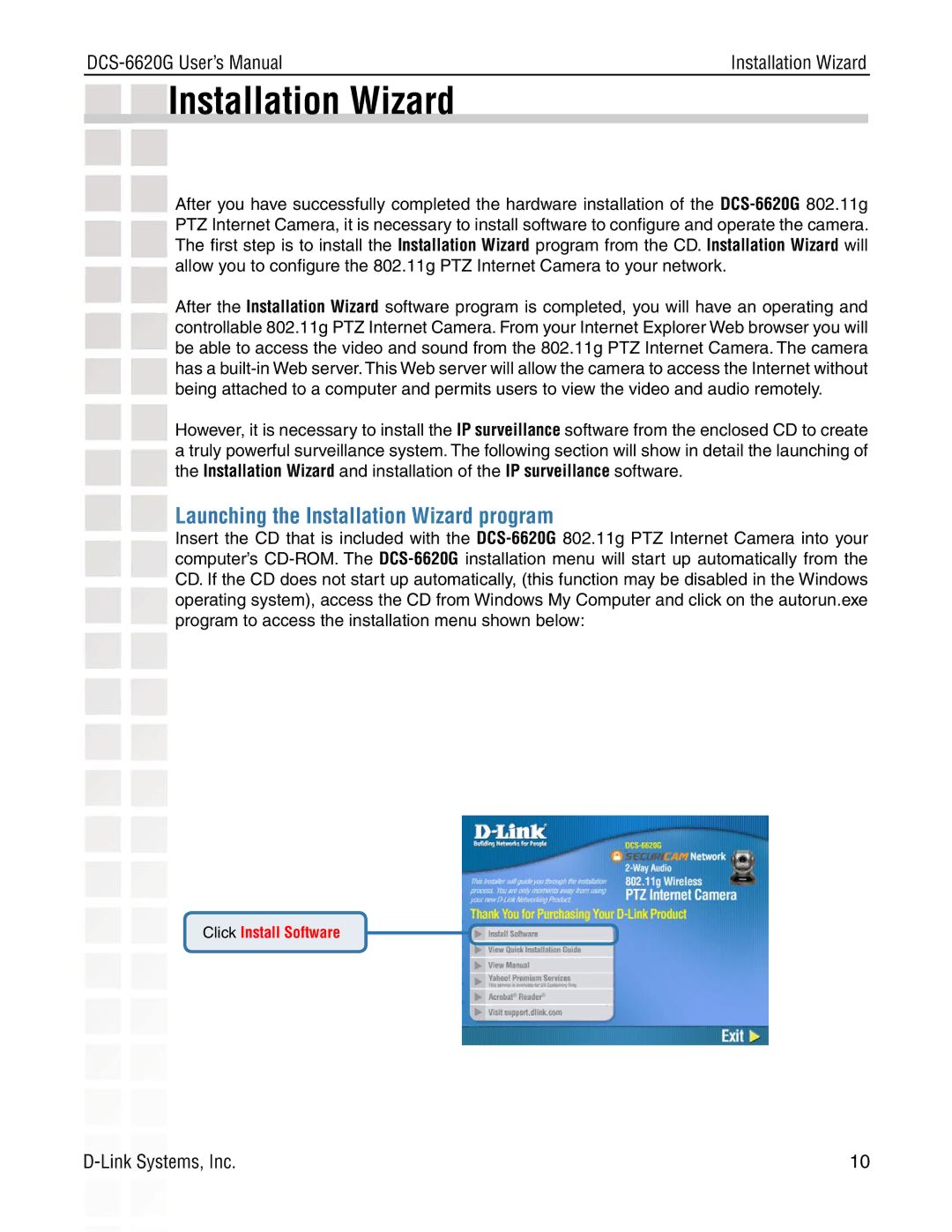 D-Link DCS-6620G manual Launching the Installation Wizard program 