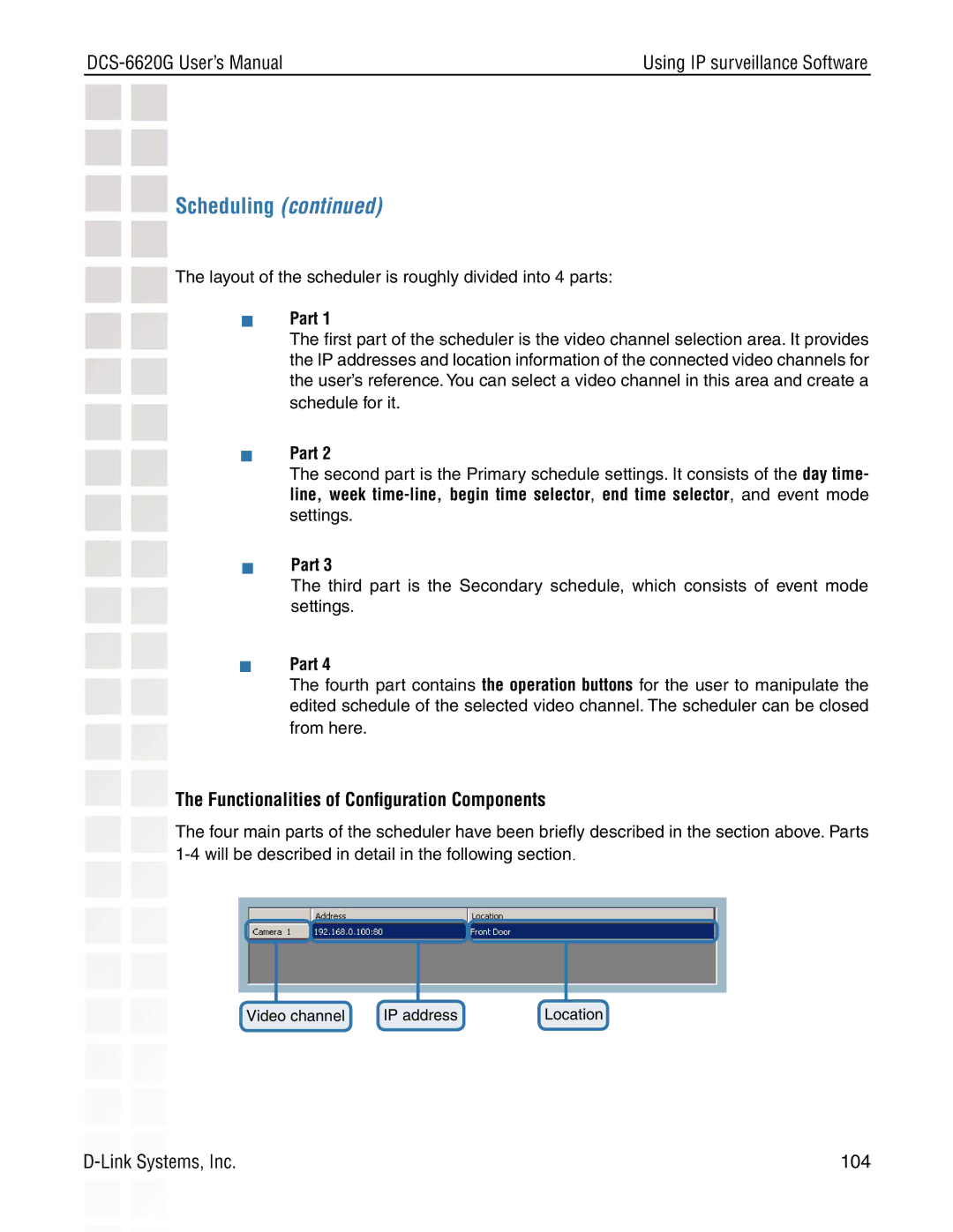 D-Link DCS-6620G manual Functionalities of Conﬁguration Components,  Part 