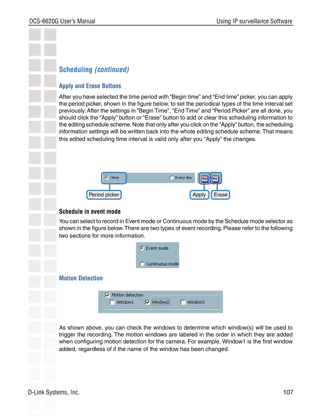 D-Link DCS-6620G manual Apply and Erase Buttons, Schedule in event mode, Motion Detection 
