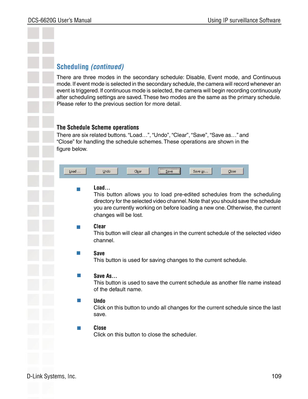 D-Link DCS-6620G manual Schedule Scheme operations 