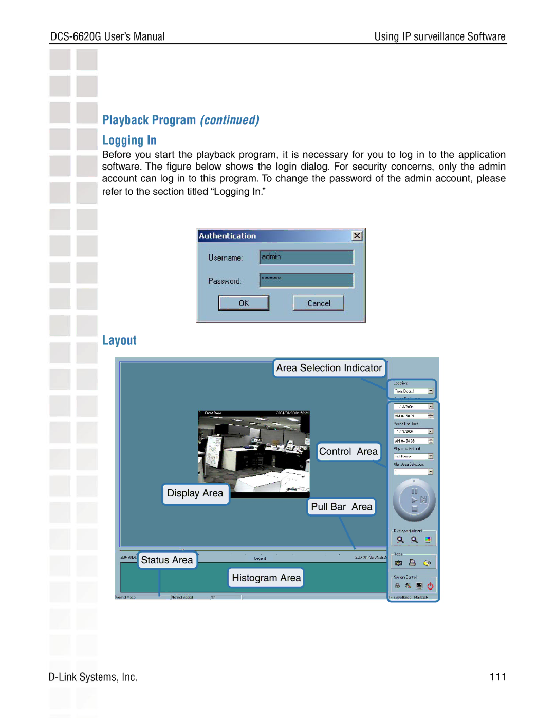 D-Link DCS-6620G manual Playback Program Logging, Layout 