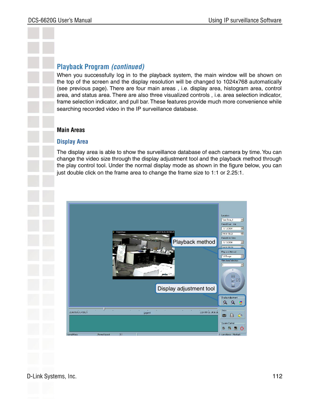 D-Link DCS-6620G manual Playback Program, Main Areas, Display Area 