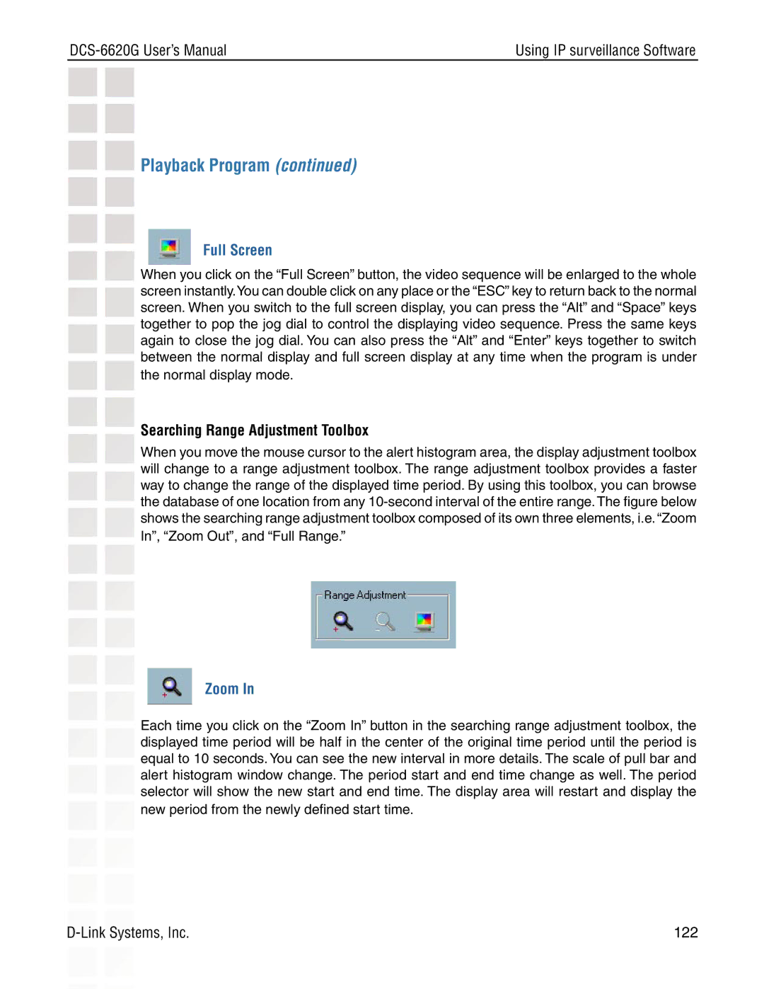 D-Link DCS-6620G manual Full Screen, Searching Range Adjustment Toolbox 