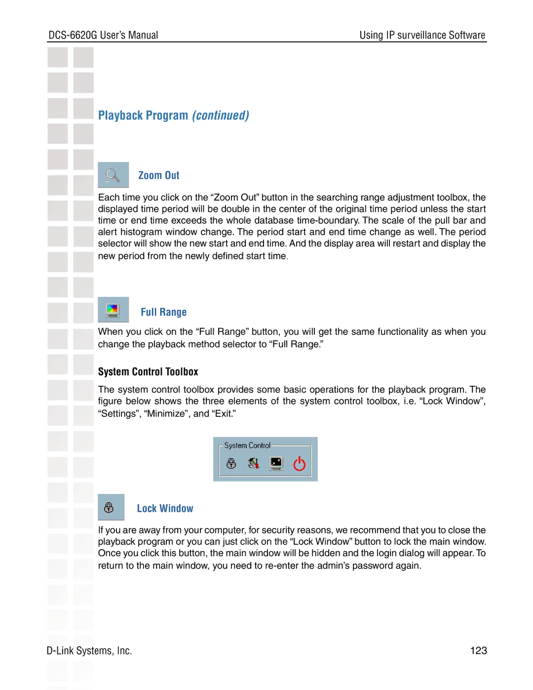 D-Link DCS-6620G manual Full Range, System Control Toolbox, Lock Window 