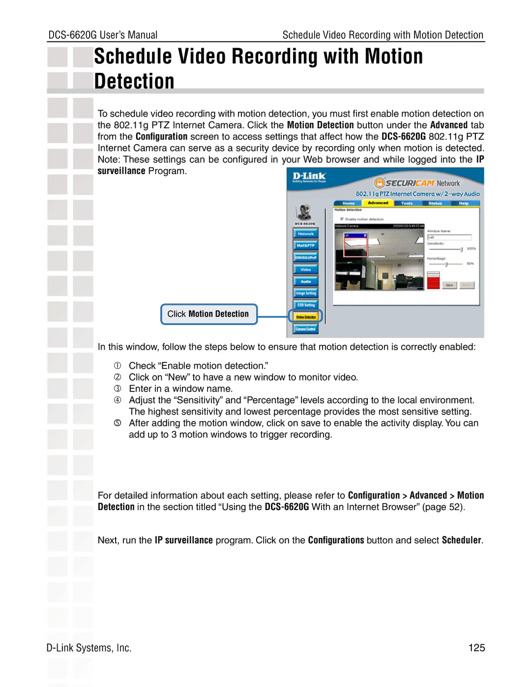 D-Link DCS-6620G manual Schedule Video Recording with Motion Detection 