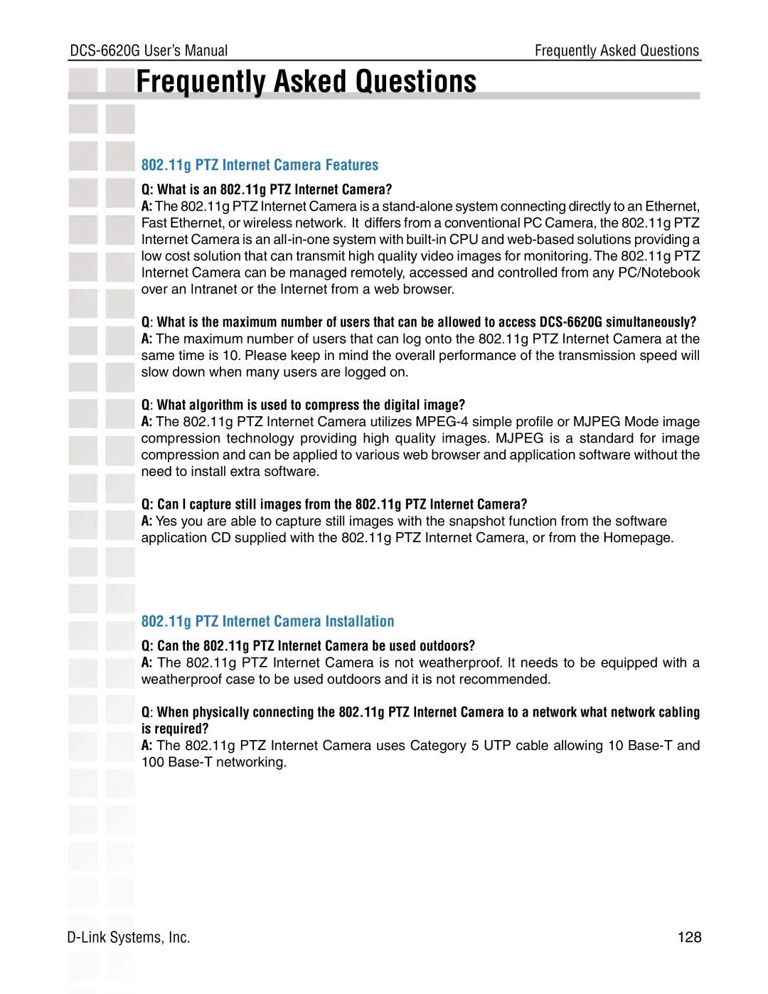 D-Link DCS-6620G manual Frequently Asked Questions, What is an 802.11g PTZ Internet Camera? 