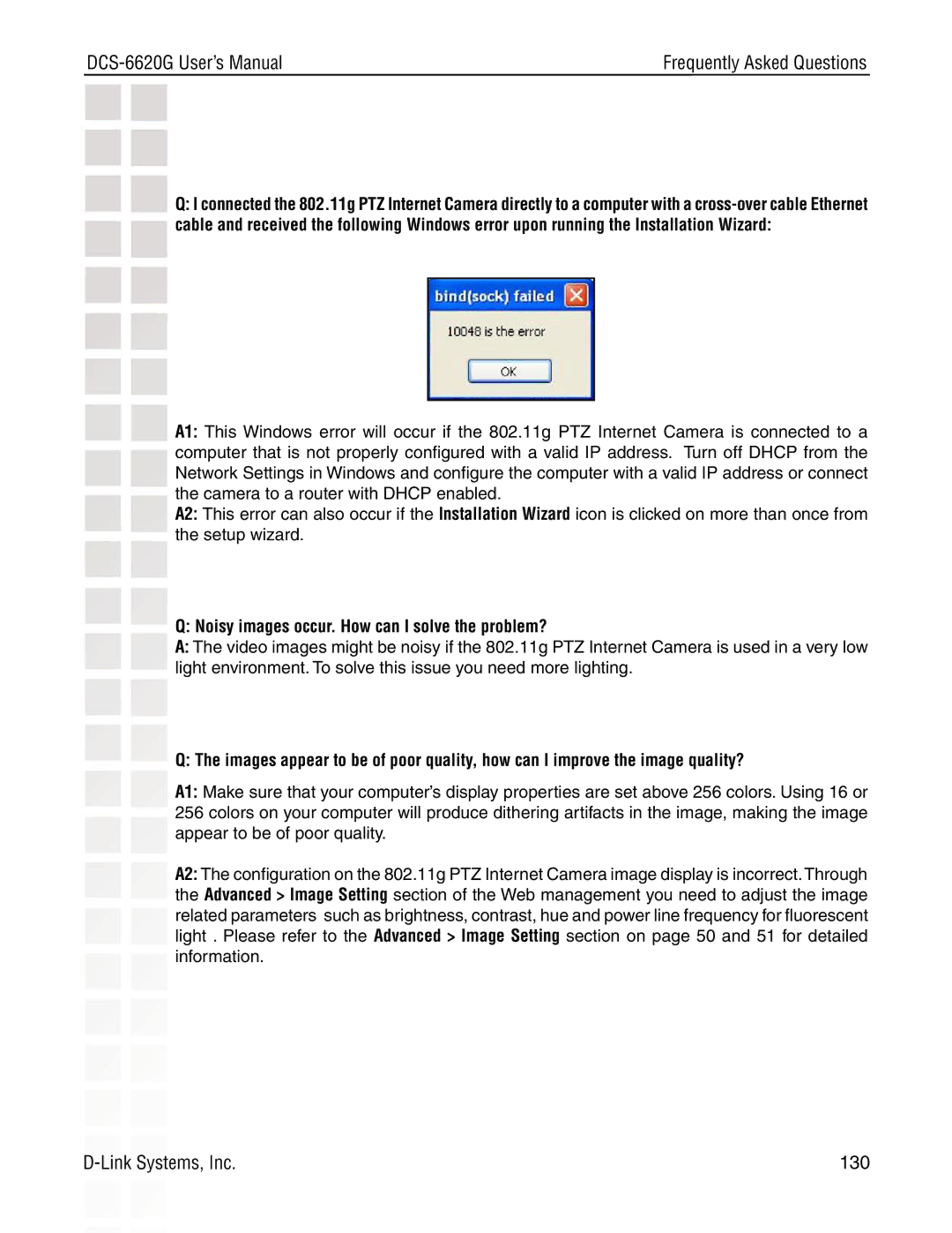 D-Link DCS-6620G manual Noisy images occur. How can I solve the problem? 