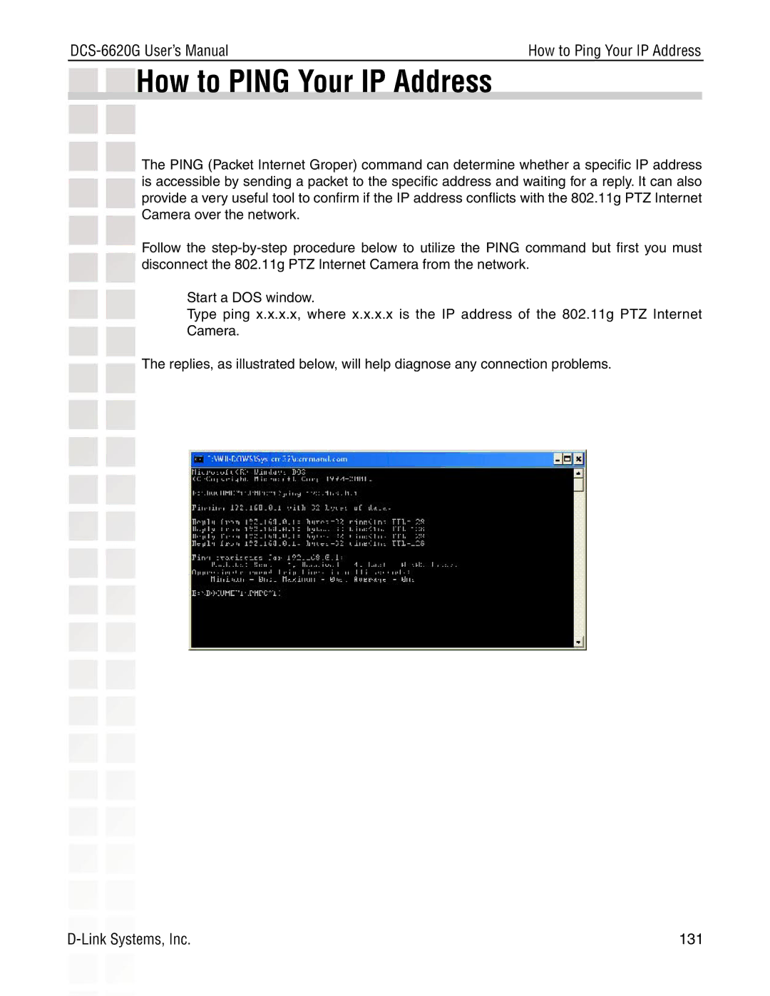 D-Link DCS-6620G manual How to Ping Your IP Address 