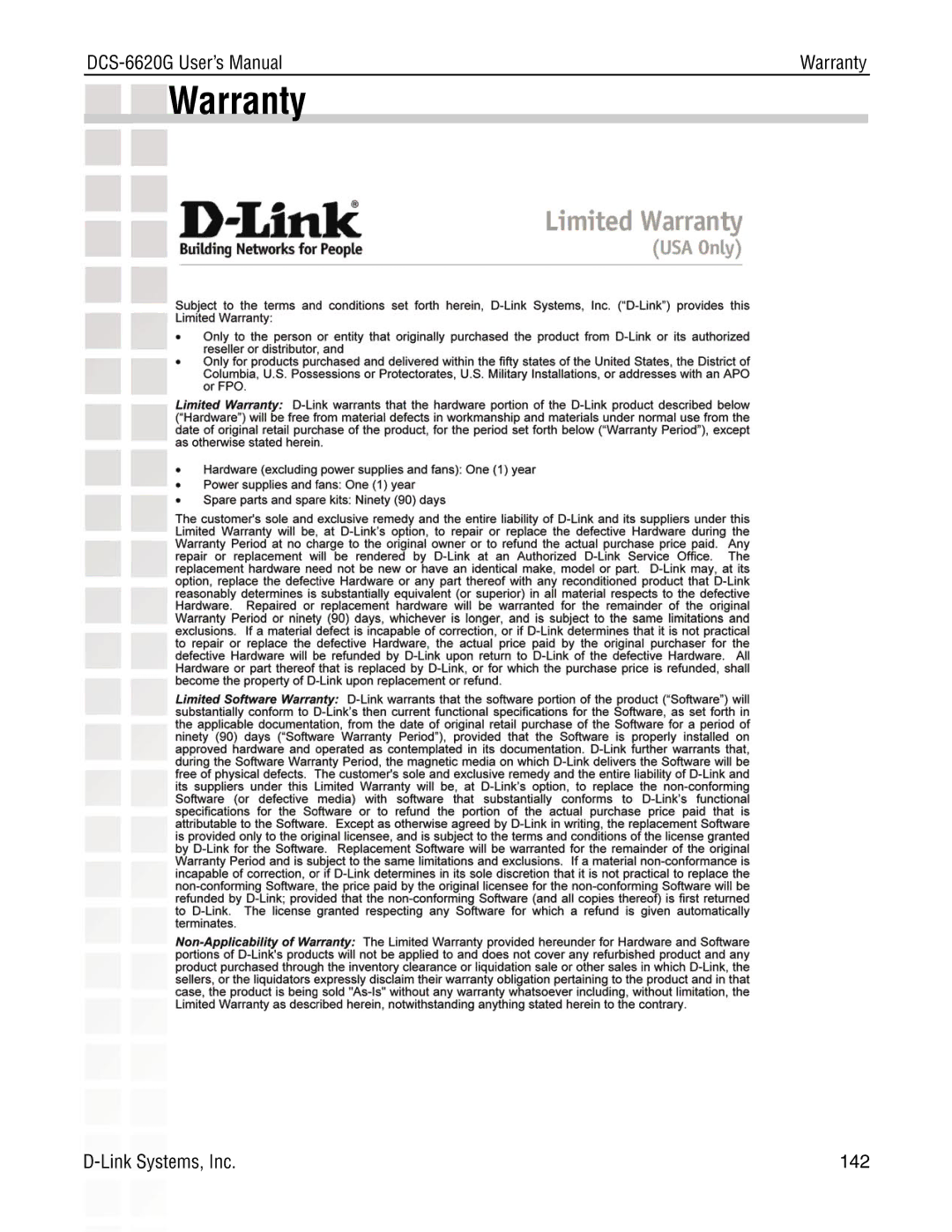 D-Link DCS-6620G manual Warranty 