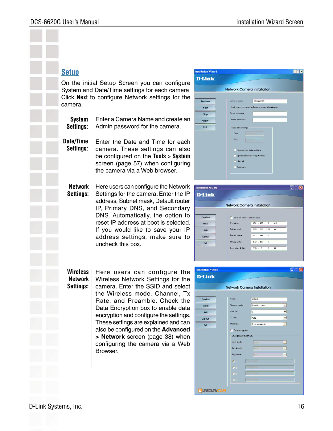 D-Link DCS-6620G manual Setup, Date/Time Settings, Wireless Network Settings 